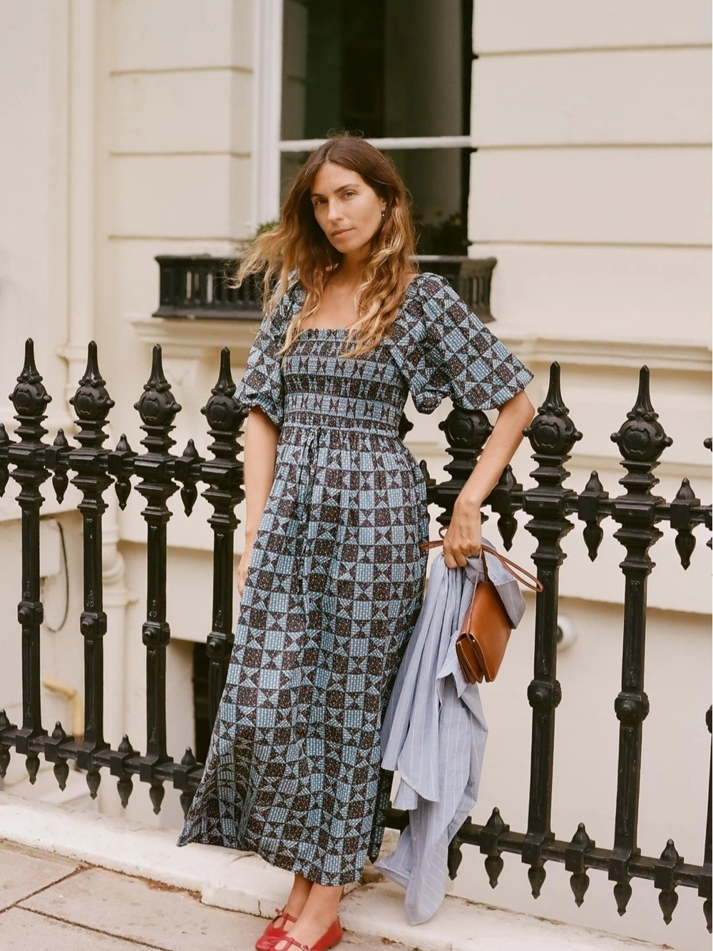 Christy Dawn Blue Geometric Smocked Maxi Dress